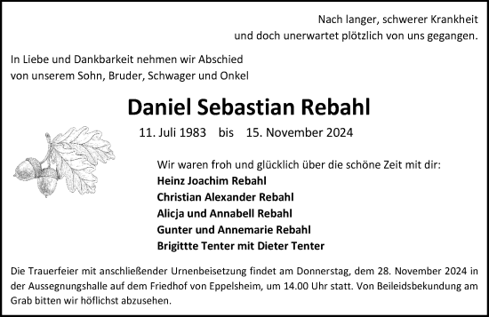 Traueranzeige von Daniel Sebastian Rebahl von Allgemeine Zeitung Alzey