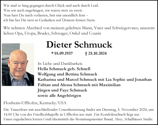 Traueranzeige von Dieter Schmuck von Allgemeine Zeitung Alzey