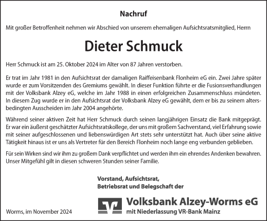 Traueranzeige von Dieter Schmuck von Allgemeine Zeitung Alzey