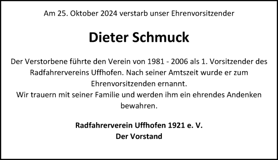 Traueranzeige von Dieter Schmuck von Allgemeine Zeitung Alzey