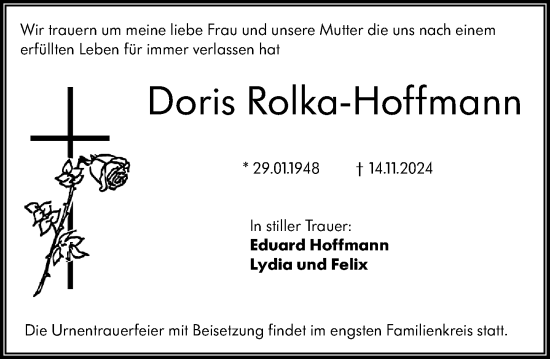 Traueranzeige von Doris Rolka-Hoffmann von Wiesbadener Kurier