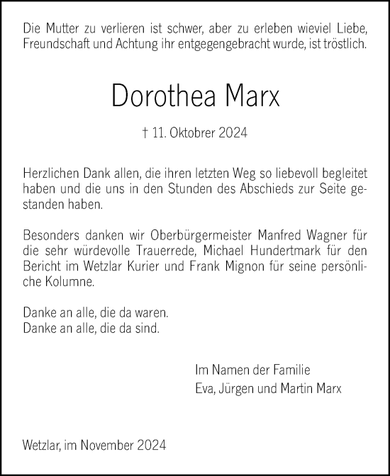 Traueranzeige von Dorothea Marx von Wetzlarer Neue Zeitung