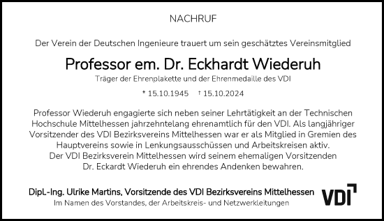 Traueranzeige von Eckhardt Wiederuh von Wetzlarer Neue Zeitung