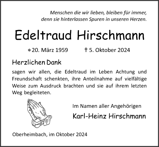 Traueranzeige von Edeltraud Hirschmann von Allgemeine Zeitung Rheinhessen-Nahe