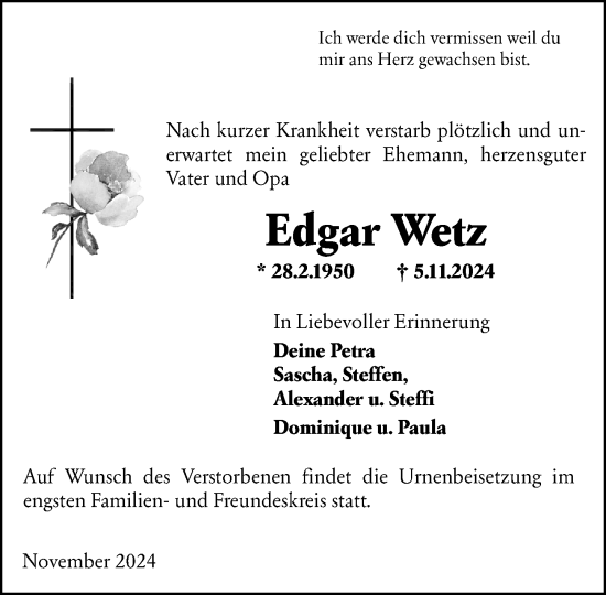 Traueranzeige von Edgar Wetz von Hinterländer Anzeiger