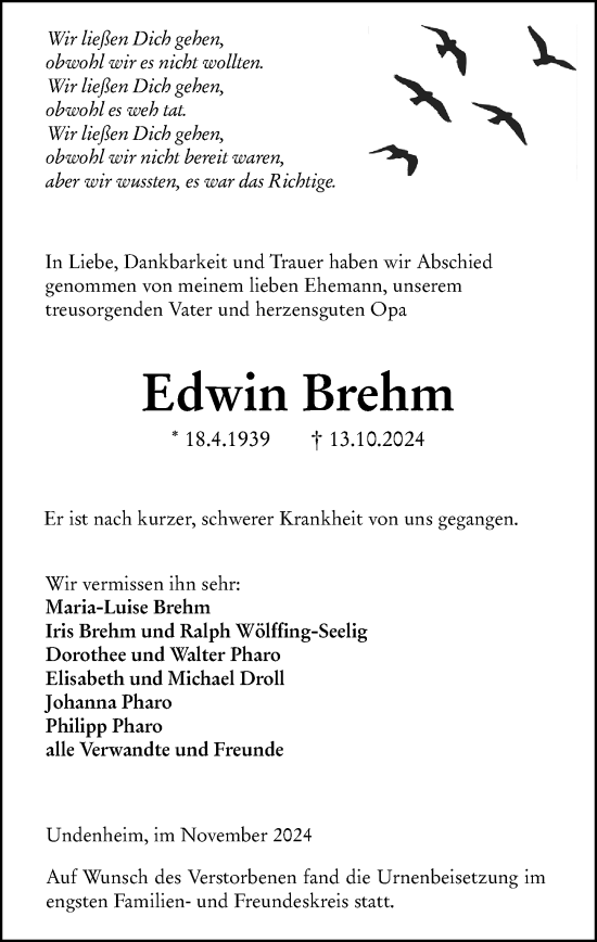 Traueranzeige von Edwin Brehm von Allgemeine Zeitung Mainz
