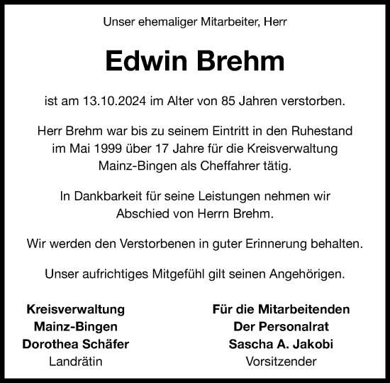 Traueranzeige von Edwin Brehm von Allgemeine Zeitung Mainz