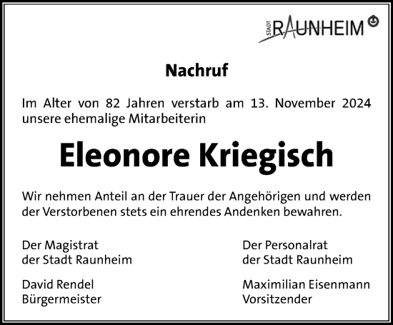 Traueranzeige von Eleonore Kriegisch von Rüsselsheimer Echo