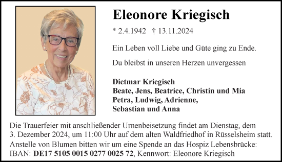 Traueranzeige von Eleonore Kriegisch von Rüsselsheimer Echo