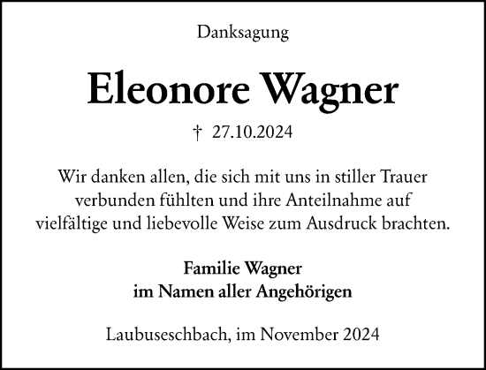 Traueranzeige von Eleonore Wagner von Weilburger Tageblatt