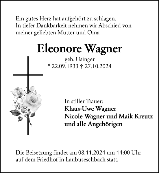 Traueranzeige von Eleonore Wagner von Weilburger Tageblatt