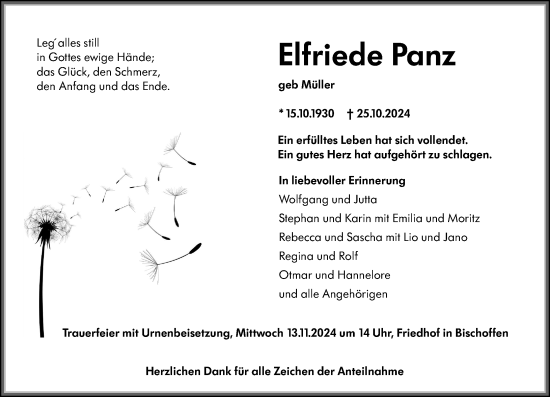 Traueranzeige von Elfriede Panz von Dill Block