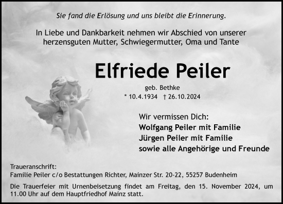Traueranzeige von Elfriede Peiler von Allgemeine Zeitung Mainz