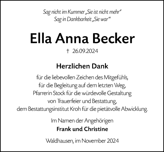 Traueranzeige von Ella Anna Becker von Weilburger Tageblatt