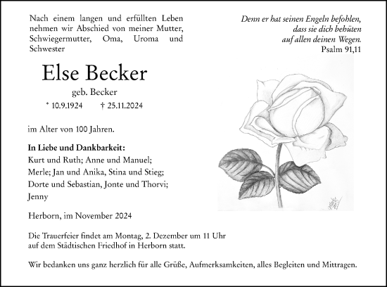 Traueranzeige von Else Becker von Dill Block