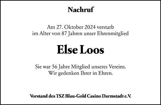 Traueranzeige von Else Loos von Darmstädter Echo