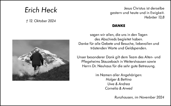 Traueranzeige von Erich Heck von Hinterländer Anzeiger