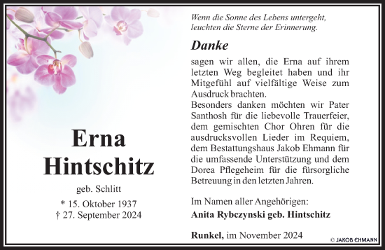 Traueranzeige von Erna Hintschitz von Nassauische Neue Presse