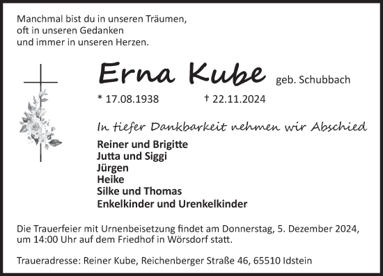 Traueranzeige von Erna Kube von Idsteiner Land/Untertaunus