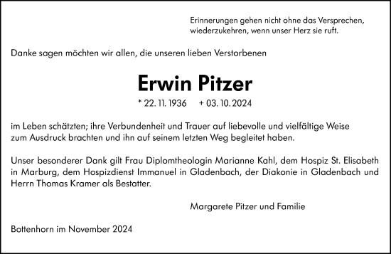 Traueranzeige von Erwin Pitzer von Hinterländer Anzeiger