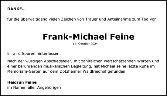 Traueranzeige von Frank-Michael Feinen von Wiesbadener Kurier