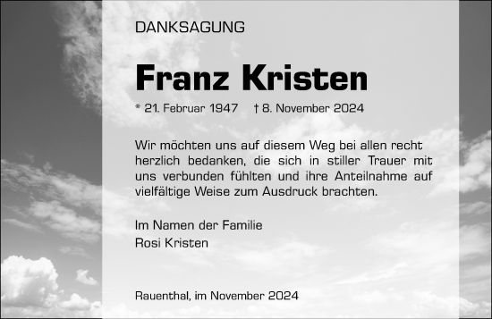 Traueranzeige von Franz Kristen von Rheingau Kurier
