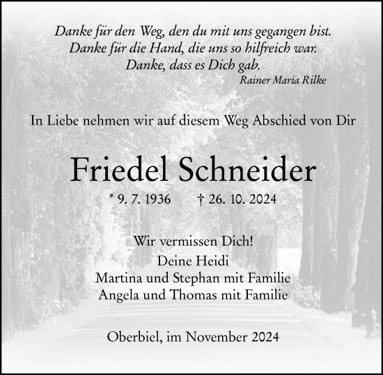 Traueranzeige von Friedel Schneider von Wetzlarer Neue Zeitung
