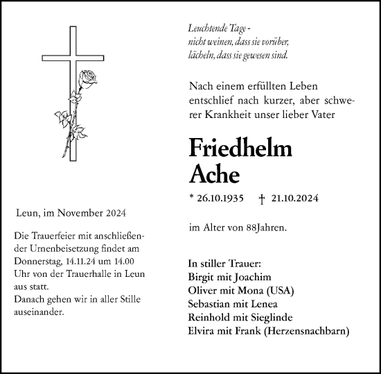 Traueranzeige von Friedhelm Ache von Wetzlarer Neue Zeitung