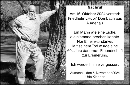 Traueranzeige von Friedhelm Dombach von Weilburger Tageblatt