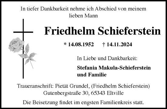 Traueranzeige von Friedhelm Schieferstein von Rheingau Kurier