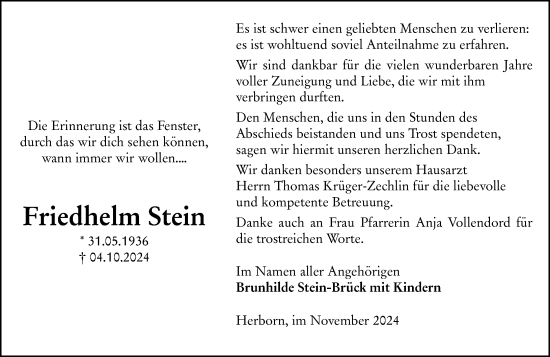 Traueranzeige von Friedhelm Stein von Dill Block