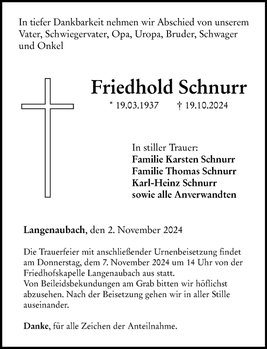 Traueranzeige von Friedhold Schnurr von Dill Block