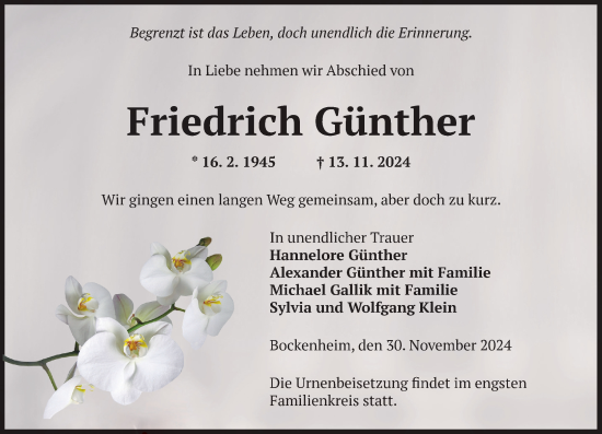 Traueranzeige von Friedrich Günther von Wormser Zeitung