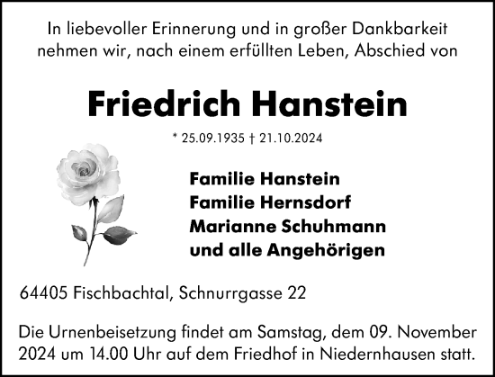 Traueranzeige von Friedrich Hanstein von Darmstädter Echo