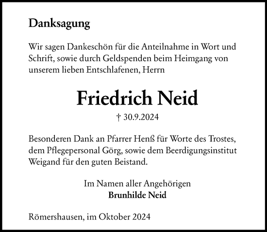 Traueranzeige von Friedrich Neid von Hinterländer Anzeiger