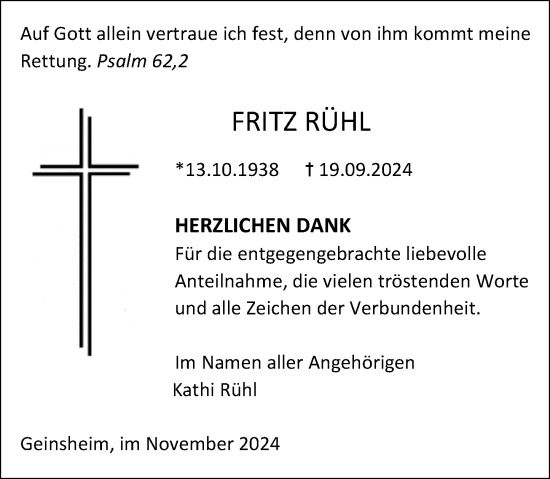 Traueranzeige von Fritz Rühl von Groß-Gerauer Echo