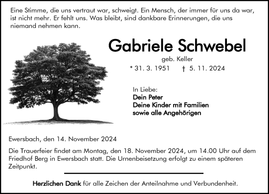 Traueranzeige von Gabriele Schwebel von Dill Block