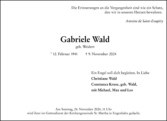 Traueranzeige von Gabriele Wald von Wiesbadener Kurier