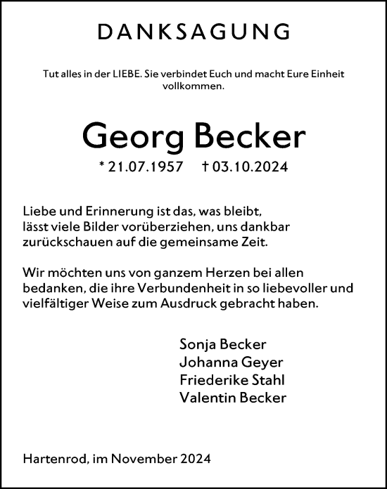 Traueranzeige von Georg Becker von Hinterländer Anzeiger