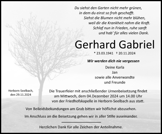 Traueranzeige von Gerhard Gabriel von Dill Block