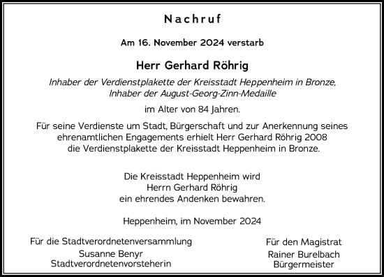 Traueranzeige von Gerhard Röhrig von Starkenburger Echo