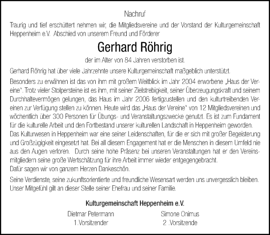Traueranzeige von Gerhard Röhrig von Starkenburger Echo