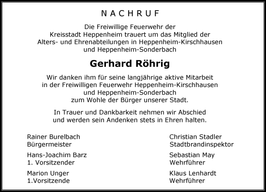 Traueranzeige von Gerhard Röhrig von Starkenburger Echo