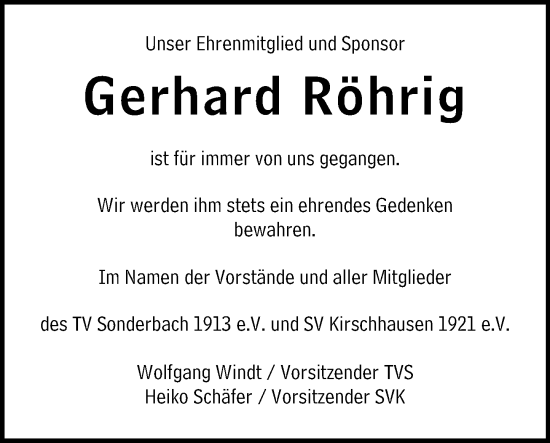 Traueranzeige von Gerhard Röhrig von Starkenburger Echo