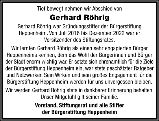 Traueranzeige von Gerhard Röhrig von Bergsträßer Anzeiger