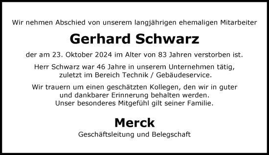 Traueranzeige von Gerhard Schwarz von Darmstädter Echo
