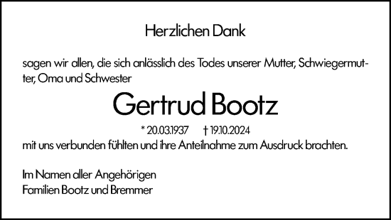 Traueranzeige von Gertrud Bootz von Allgemeine Zeitung Rheinhessen-Nahe
