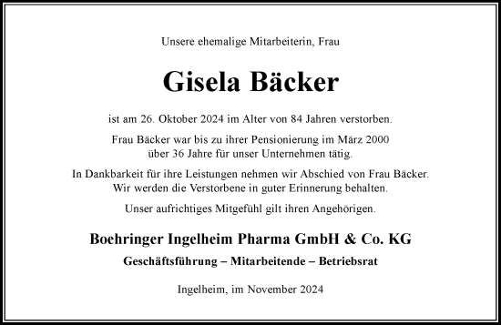 Traueranzeige von Gisela Bäcker von Allgemeine Zeitung Rheinhessen-Nahe