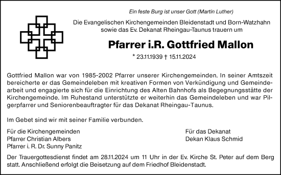 Traueranzeige von Gottfried Mallon von Idsteiner Land/Untertaunus