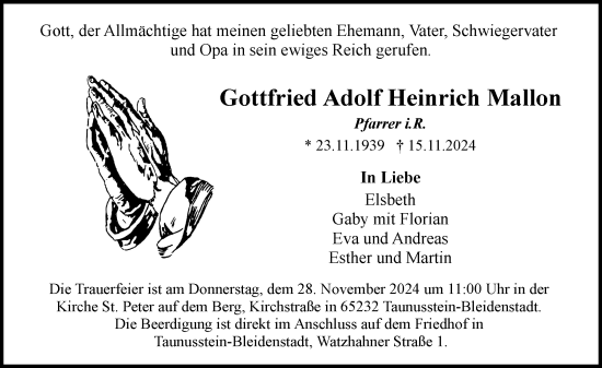 Traueranzeige von Gottfried Adolf Heinrich Mallon von Wiesbadener Kurier